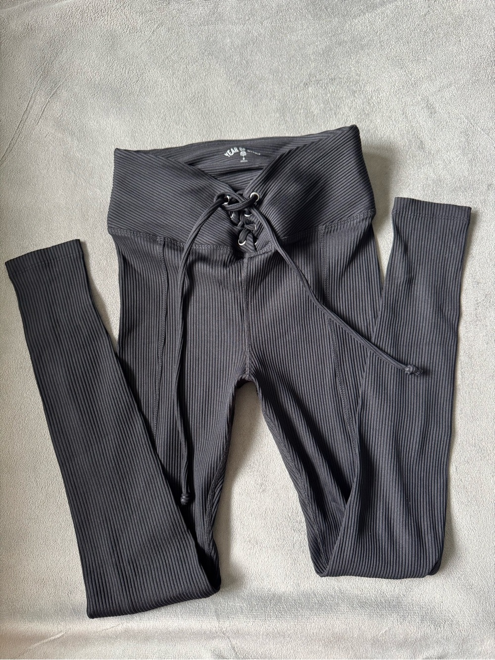 Year of Ours Black Ribbed Lace-Up High Waist Leggings